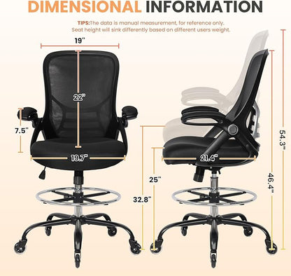 HYLONE Drafting Chair Adjustable, Tall Office Chair Lumbar Support Ergonomic Standing Desk Chair Heavy Duty Tall Drafting Stool for Artists with Footrest Home Office Drafting Stool