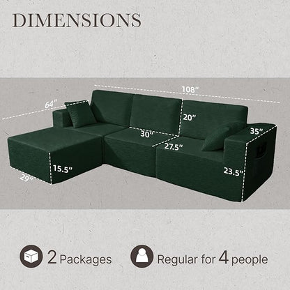 108” Modular Sectional Sofa Couch with Ottoman, 3-Seater Boneless Couch, L Shape Sectional Sofa Compressed Sofa for Living Room Bedroom, No Assembly Needed (Green, 3 Seats+1 Ottoman)