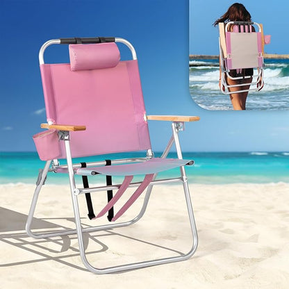 VINGLI Aluminum Backpack Beach Chair – Tall Beach Chairs for Adults, Portable with Adjustable Straps, 3-Position Reclining, Cup Holder, High Lightweight Beach Chairs for Beach (Pink, 17" High)