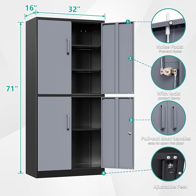 Metal Storage Cabinets with Doors and Shelves, 4 Door Lockable Storage Cabinets
