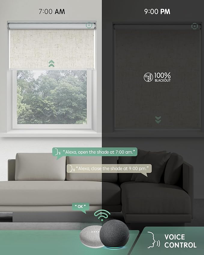 Yoolax Motorized Roller Shades, Energy Efficient, Linen Beige, Compatible
