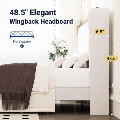 Allewie Full Size Bed Frame, Storage Headboard with Charging Station, Wingback Velvet Upholstered, Diamond Stitched Button Tufted, Sturdy Wooden Slats, No Box Spring Needed, Easy Assembly, White