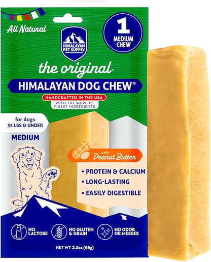 Himalayan Dog Chew Original Yak Cheese Chew, Peanut Butter, 1 Medium Stick, 2.3 oz, Gluten Free, Healthy Treats, Grain & Lactose Free 100% Natural, Long Lasting, for Dogs Under 35 lbs