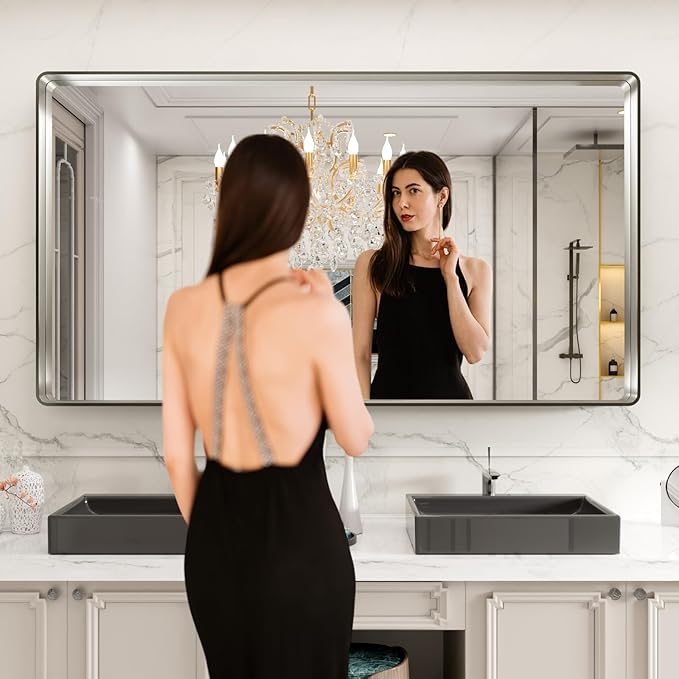 LOAAO 84X32 Inch Brushed Nickel Bathroom Mirror, Rounded Rectangle Silver Metal