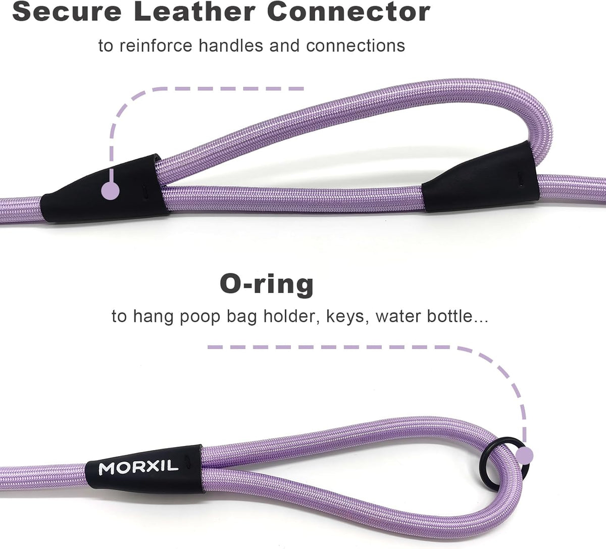 Rope Dog Leash with Two Handles, 6 Foot Heavy Duty Dog Leash with Aviation Aluminum Auto Locking Carabiner, Strong Nylon Pet Lead for Small, Medium, Large Dogs (Purple, 6FT-Two Handle)