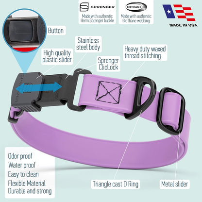 Dogline Biothane Waterproof Dog Collar with Herm Sprenger Stainless Steel Quick Release Buckle – Heavy Duty Tactical Durable Collar for Dogs – Comfortable and Safe Pet Collar W 3/4" L 12-19" Amethyst