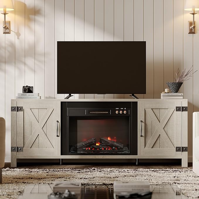 Bestier 63" Fireplace TV Stand for TVs Up to 70", Farmhouse Barn Door