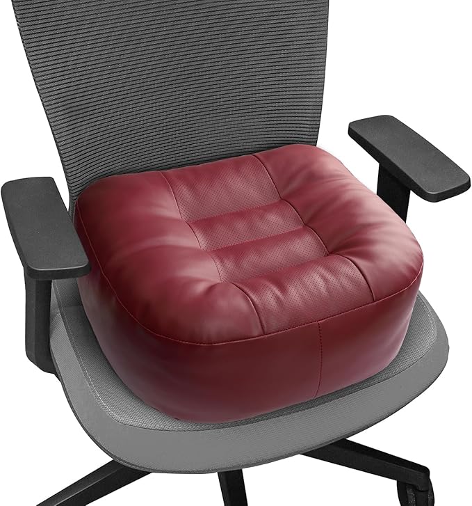 YOUFI Leather Seat Cushion Extra-Thick Booster for Office Chair to Rise Height - Full Filling for Support - with Breathable Cover, Handle and Buckle - Relieves Back Pain – 18"x16"x6" (Red)