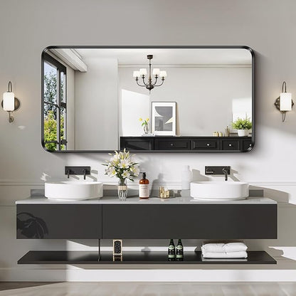 CIRCUMI Black Bathroom Mirror, Rounded Corner, Tempered Glass, Large Mirror