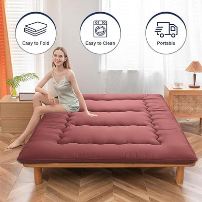 Japanese Floor Mattress,Thicken Japanese Floor Sleeping Pad Foldable,Roll Up Tatami Mat Easy to Store and Portable,Futon Mattress Suitable for Camping and Guest Room (Khaki, Queen (80" X 60"))