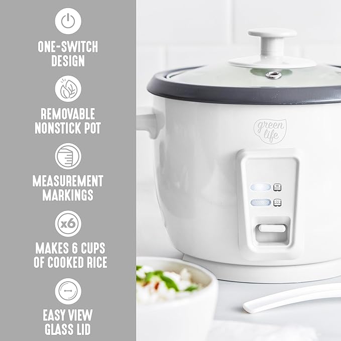 GreenLife Rice Cooker with Removable PFAS-Free Ceramic Nonstick Pot, 3-Cups