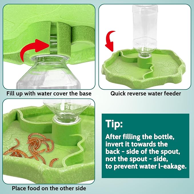 Tfwadmx 9oz 2-in-1 Reptile Water Bottle Turtle Automatic Feeders Waterer Food and Water Bowl pet Dispenser Bottle Feeding Dish for Lizard Chameleon(Green)