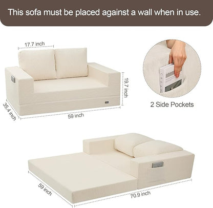 COMAX Convertible Sofa Bed Queen, Folding Fold Out Couch Bed, Floor Futon Couch Corduroy Sleeper Mattress with Back Pillows, Boneless Sofa Comfy Lounge Loveseat for Living Room Bedroom, Beige