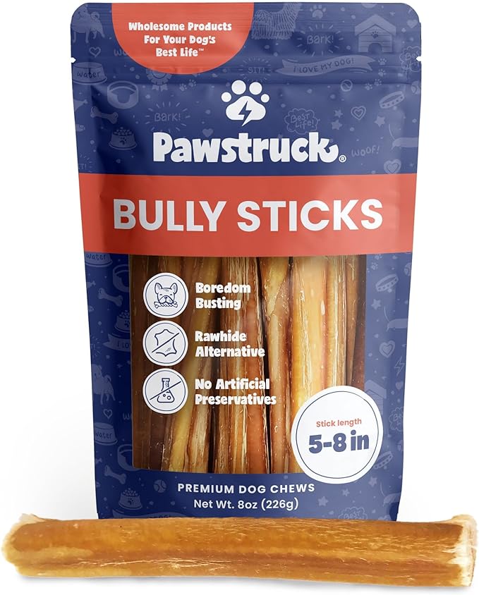 Pawstruck Natural 5-8" Bully Sticks for Dogs - Best Long-Lasting, Rawhide-Free, Low Odor Dental Chew Treat - Healthy Single Ingredient, 100% Real Beef - 8 oz Bag - Packaging May Vary