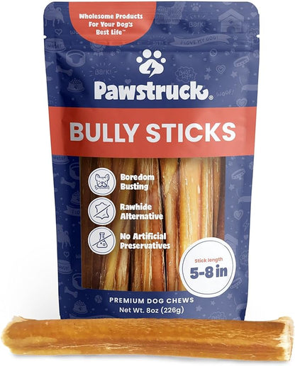Pawstruck Natural 5-8" Bully Sticks for Dogs - Best Long-Lasting, Rawhide-Free, Low Odor Dental Chew Treat - Healthy Single Ingredient, 100% Real Beef - 8 oz Bag - Packaging May Vary