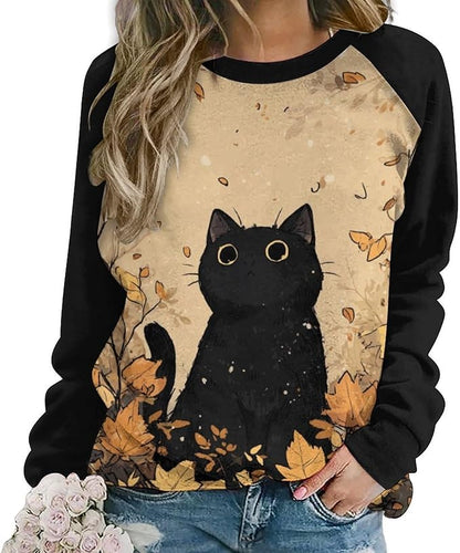 Abstract Cute Cat Shirts for Women Long Sleeve Lady Crewneck Pullover Sweatshirt Fall Winter Oversized Tops