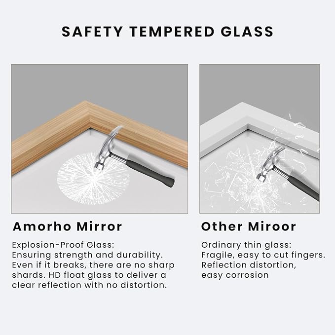 Amorho Bathroom Mirror, Hang Horizontally/Vertically, Suitable