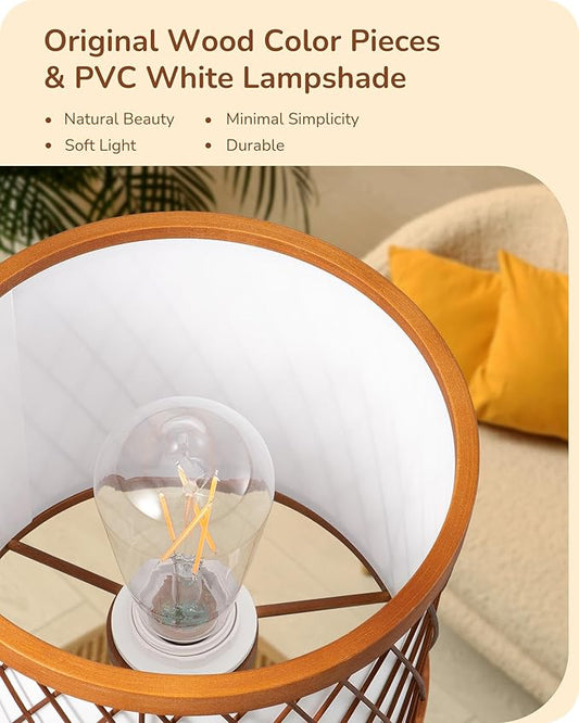 EDISHINE Small Table Lamp, 14.17" Wood Tripod Bedside Lamp with Bamboo Lampshade & PVC Shade, ON-Off Switch & E26 Base, Boho Nightstand Lamp for Living Room, Bedroom