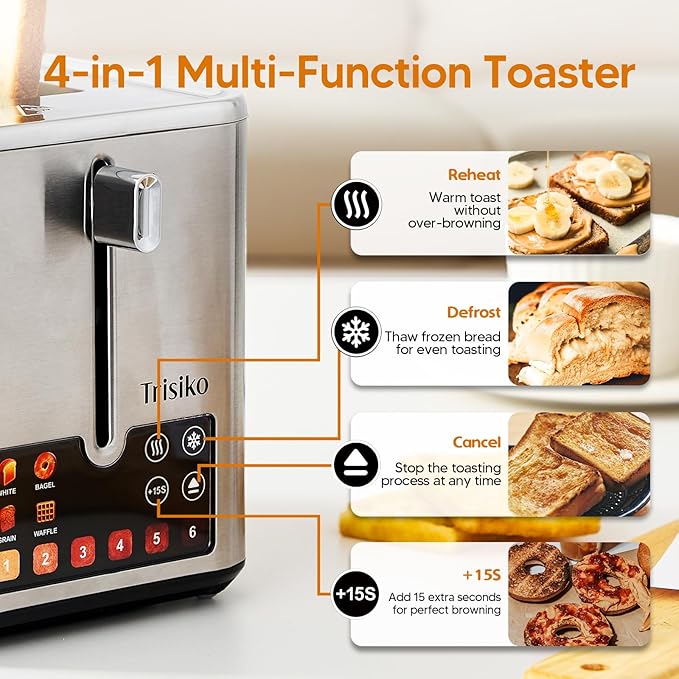 Trisiko® Touch Screen Toaster 2 Slice, Stainless Steel Smart Toaster