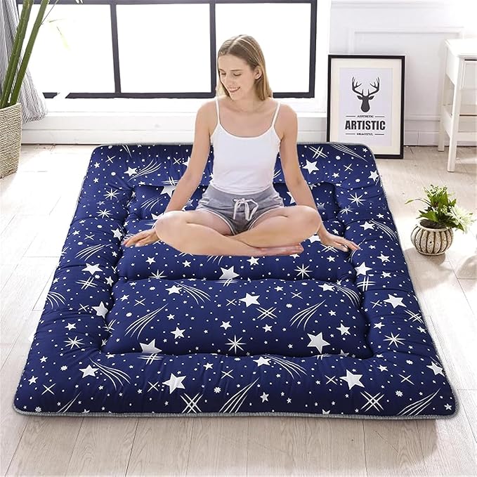 Japanese Floor Mattress,Thicken Japanese Floor Sleeping Pad Foldable,Roll Up Tatami Mat Easy to Store and Portable,Futon Mattress Suitable for Camping and Guest Room (Blue, Queen (80" X 60"))