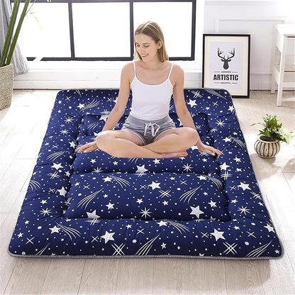 Japanese Floor Mattress,Thicken Japanese Floor Sleeping Pad Foldable,Roll Up Tatami Mat Easy to Store and Portable,Futon Mattress Suitable for Camping and Guest Room (Blue, Queen (80" X 60"))