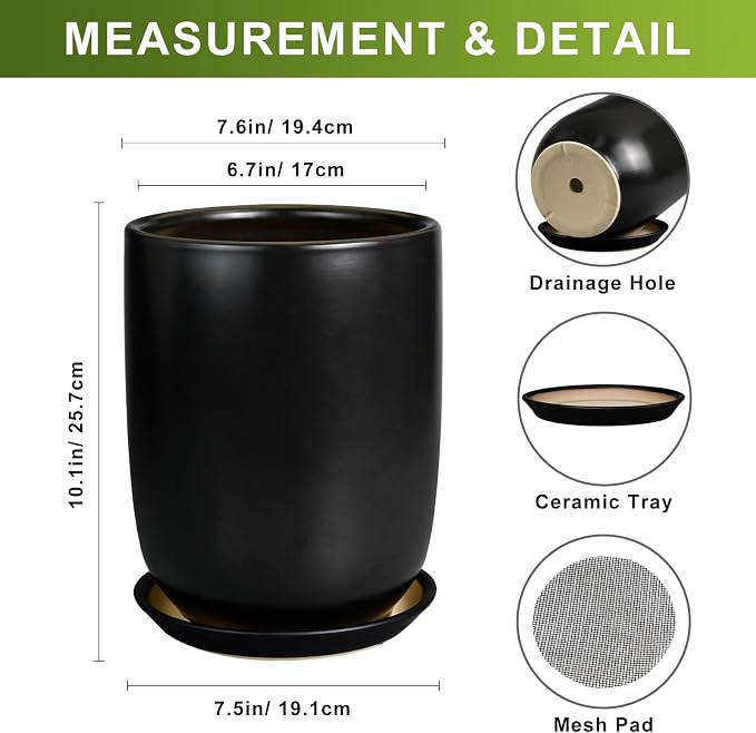 Ceramic Planter 8 Inch - Plant Pot for Indoor Outdoor Plants Cylinder Flower Pot with Drainage Hole and Saucer Black