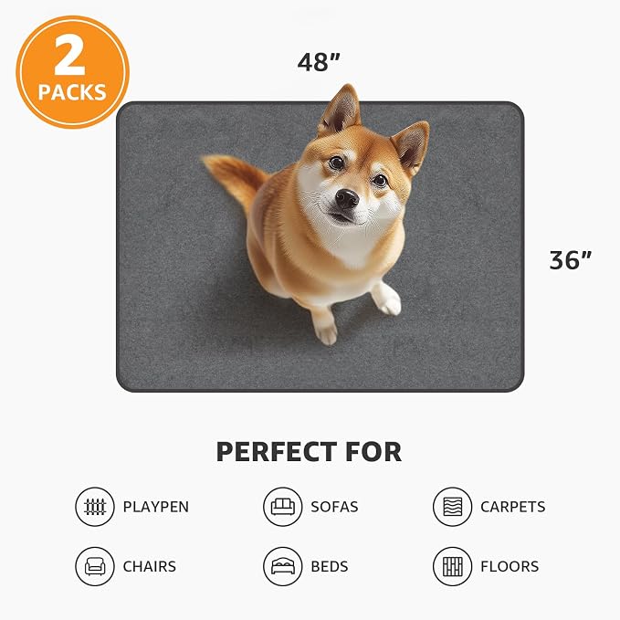 Washable Dog Pee Pads 36x48 2Pack Reusable Whelping Pads, Absorb Dog Mats Non-Slip Puppy Training Pads for Whelping, Potty, Training, Playpen, Crate