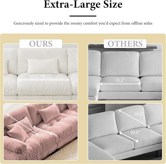 94.4" Loveseat Sofa, 2 Seater Modular Sectional Sofa, Pink Large U Shaped Sectional Couches, Fluffy Chenille Cloud Couch with Ottoman, Deep Seat for Living Room
