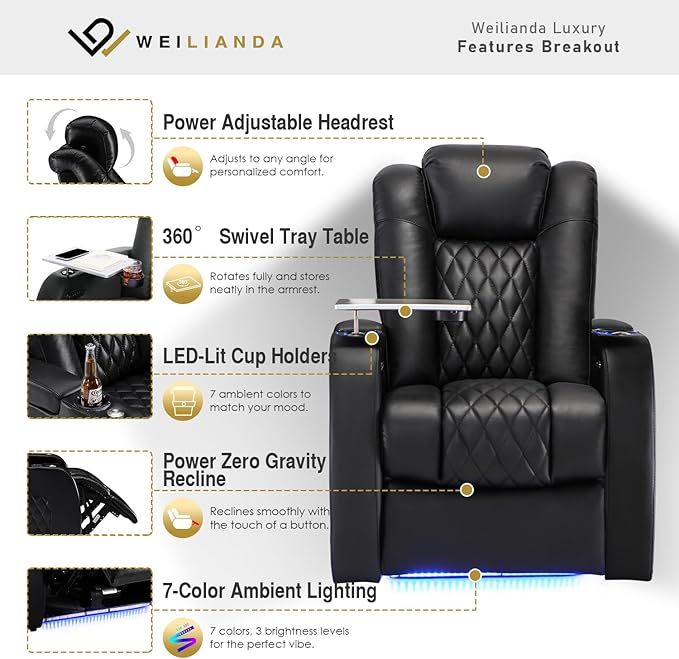Weilianda Home Theater Seating Top Grain Leather Zero Gravity Recliner Chair Power Headrest Recline Movie Seat Gaming 7 Colors Mood Light Sofa with Tray Table USB Charge Row of 4 Loveseat Right Black