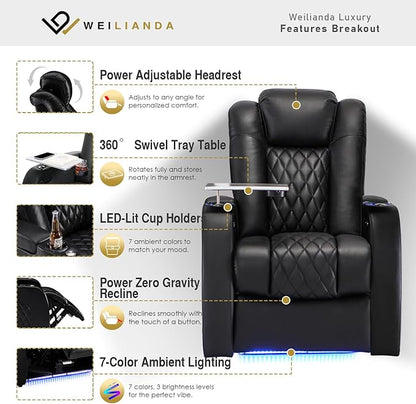 Weilianda Home Theater Seating Top Grain Leather Zero Gravity Recliner Chair Power Headrest Recline Movie Seat Gaming 7 Colors Mood Light Sofa with Tray Table USB Charge Row of 2 Black
