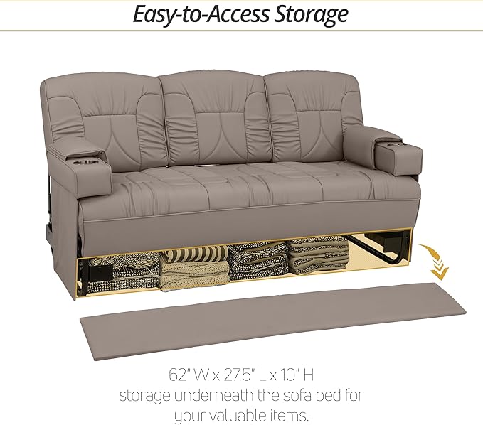 Qualitex De Leon Console SL RV Sofa Bed, 68" Wide, Ulitmate Leather, Light Antelope