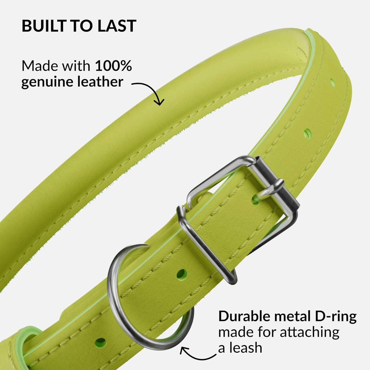 CollarDirect Rolled Leather Dog Collar, Soft Padded Round Puppy Collar, Handmade Genuine Leather Collar Dog Small Large Cat Collars 13 Colors (6-7 Inch, Lime Green Smooth)