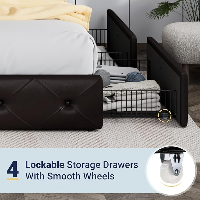Allewie Upholstered Queen Size Platform Bed Frame with 4 Storage Drawers and Headboard, Diamond Stitched Button Tufted, Mattress Foundation with Wooden Slats Support, No Box Spring Needed, Black Brown