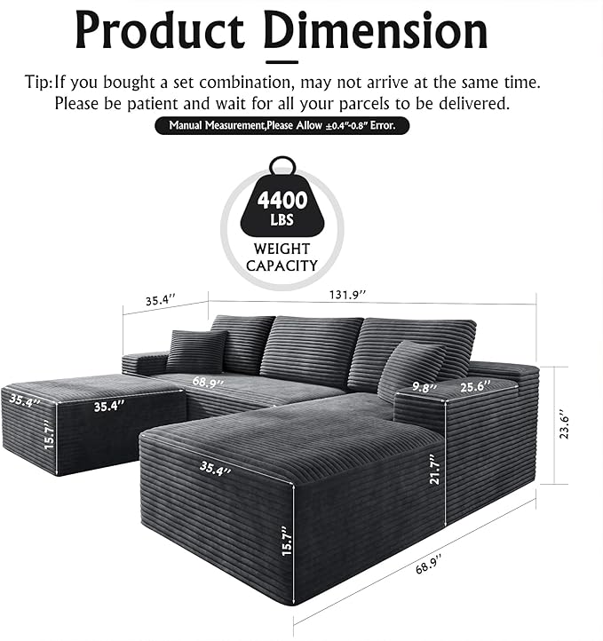 3-Piece Boneless Modular Sectional Sofa, Cloud Couch, Right Facing Chaise with Ottoman, Oversized Deep Seat, Soft Corduroy Fabric, Sectional Couch for Living Room-Grey