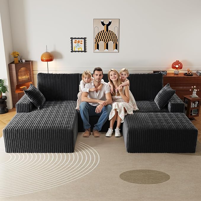 108" U Shaped Sectional Couch with Ottoman, Corduroy Modular Sectional Sofa with Deep Seat, Modern Modular L-Shape Sofa Couch with Chaise,Upholstered Boneless Couches for Living Room Bedroom