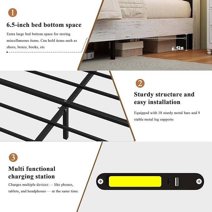 Farmhouse Queen Size Bed Frame with Headboard Storage Shelf, Wood Platform Bed Frame with LED Lights & Charging Station, Rustic White Metal Bed, No Box Spring Needed, Noise-Free Sturdy Structure