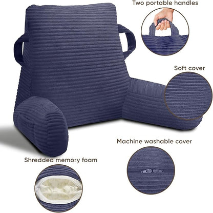 ABROLOY Reading Pillow for Sitting in Bed Adult, Bed Reading Pillow with Shredded Memory Foam, Back Pillow for Sitting with Arms and Pockets, Deepblue