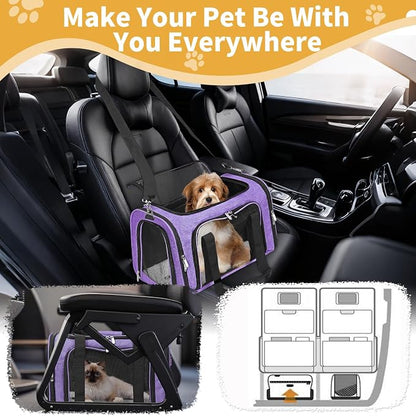 Soft-Sided Cat/Dog/Pet Carrier, Collapsible Pets Travel Carriers for Big Cats/Small Dogs with Shoulder Strap & Removable Mat, Mesh Puppy Carry Bag, Up to 16 Lbs, TSA Airline Approved(Purple)