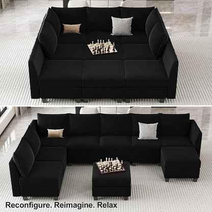 Belffin Large Modular Sectional Sofa Sleeper Couch with Storage Velvet Sectional Sofa Bed for Living Room, 9 Seats, Black