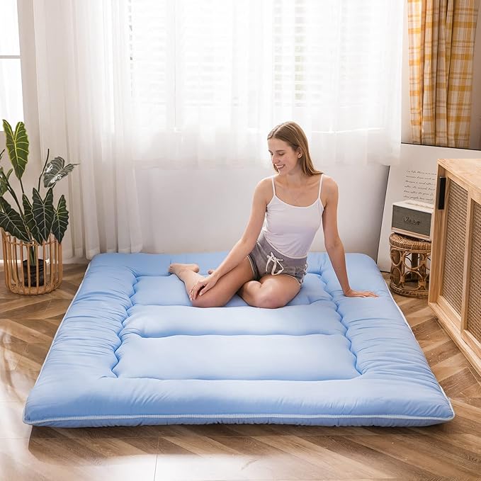 MAXYOYO Japanese Floor Mattress Futon Mattress, Thicken Sleeping Pad Roll Up Mattress Mattress Pad Foldable Floor Lounger Bed Boys Girls Dormitory Mattress Pad, Dusty Blue, Twin Size