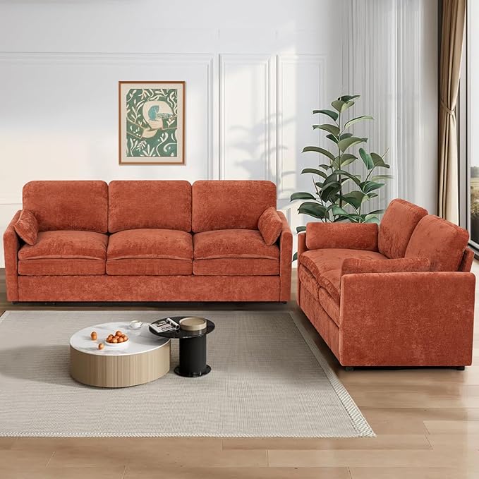 2 Pieces Chenille Sofa Set w/Arm Pillows, Upholstered Loveseat & 3 Seater Sofa w/Comfortable Back Cushions, Modern 2-Seat & 3-Seat w/High-Density Foam for Living Room, Apartment, Orange