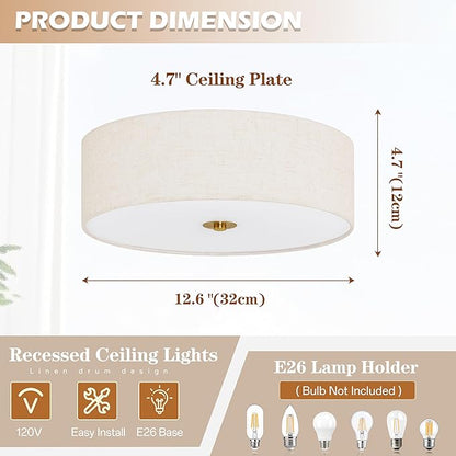 12.6 Inch Flush Mount Ceiling Light Gold Ceiling Fixture 2-Light Drum Modern Lights Close to Lights Fixture with Fabric Shade for Living Room Hallway Entryway Bedroom