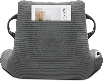 ABROLOY Reading Pillow for Sitting in Bed Adult, Bed Reading Pillow with Shredded Memory Foam, Back Pillow for Sitting with Arms and Pockets, Gery