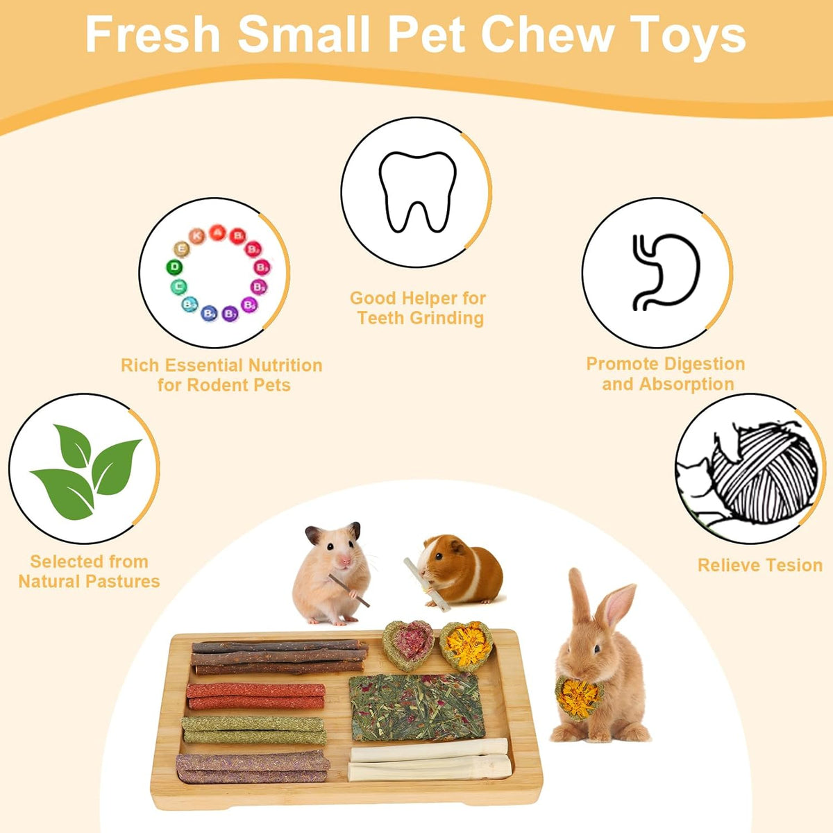 65PCS Rabbit Bunny Guinea Pig Chew Toys Treats, Chinchilla Hamster Chews Toys for Teeth, Timothy Hay Chips Treats Sticks for Rabbit Guinea Pig Chinchilla Hamster Rat
