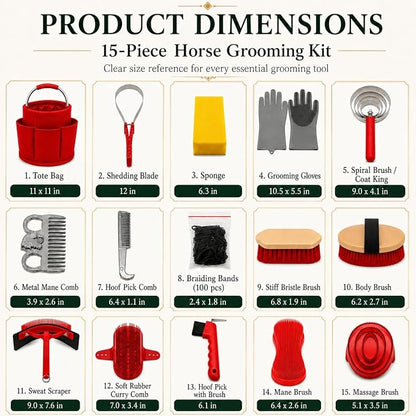 Horse Grooming Kit, 15-Piece Horse Brush Set with Red Tote Bag, Long Shedding Blade, Hoof Pick, Curry Comb, Sweat Scraper, Mane and Tail Comb, Gloves, Equine Grooming Supplies