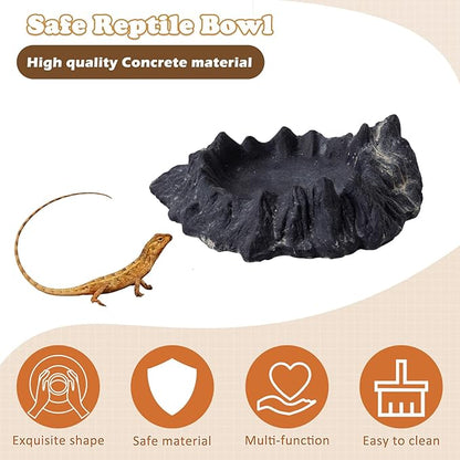 Reptile Water and Food Bowl with Feeding Tweezers Volcanic Rock Style Cement Feeding Dish for Bearded Dragon Leopard Gecko Lizard and Snake Non-Tip Terrarium Decor Landscape Accessory (Black)