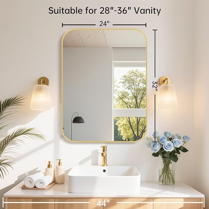 24x32 Inch Gold Bathroom Mirror, Brushed Gold Metal Framed Rectangular Mirror