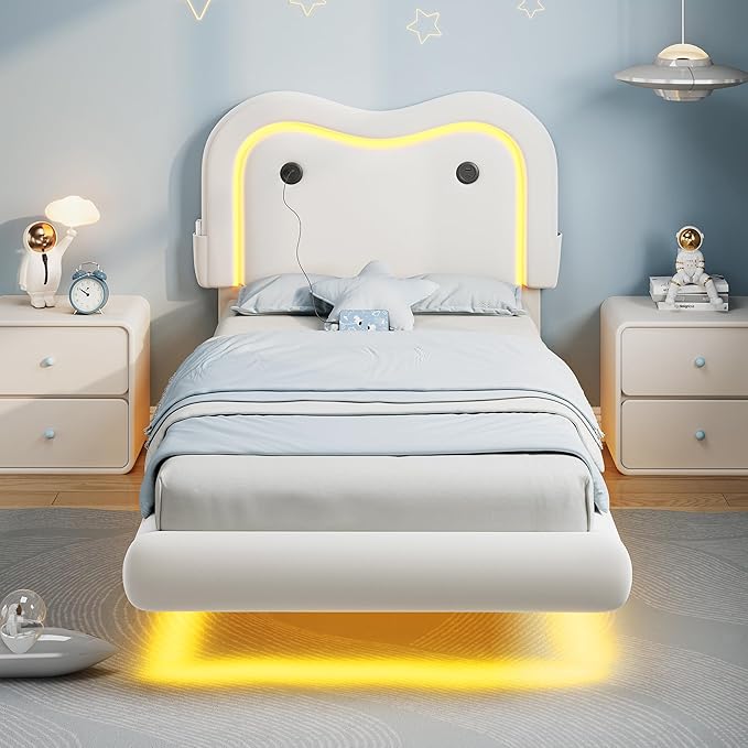 Twin Size Floating Bed Frame with LED Lights, Velvet Upholstered Headboard Bed Frame for Kids/Girls, Rounded Corners, Charging Station, No Box Spring Needed, White