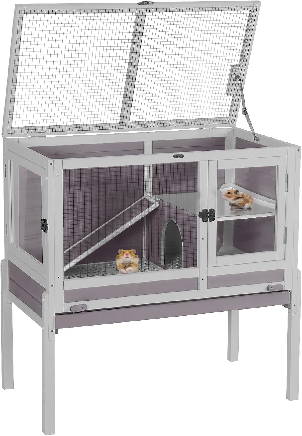 Aivituvin Wooden Guinea Pig Cages Indoor with Removable Stand, Anti Chewing Rabbit Hutch with Ramp and Wire Mesh, 2 Story Small Animals House Habitat with Pull Out Tray (Gray&Purple)