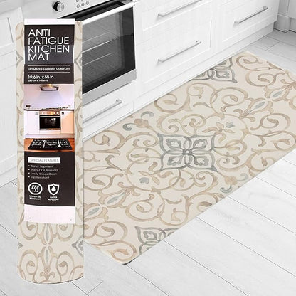 J&V TEXTILES Oversized 20"x39" Anti-Fatigue Embossed Floor Mat (Rustic Medallion Cream